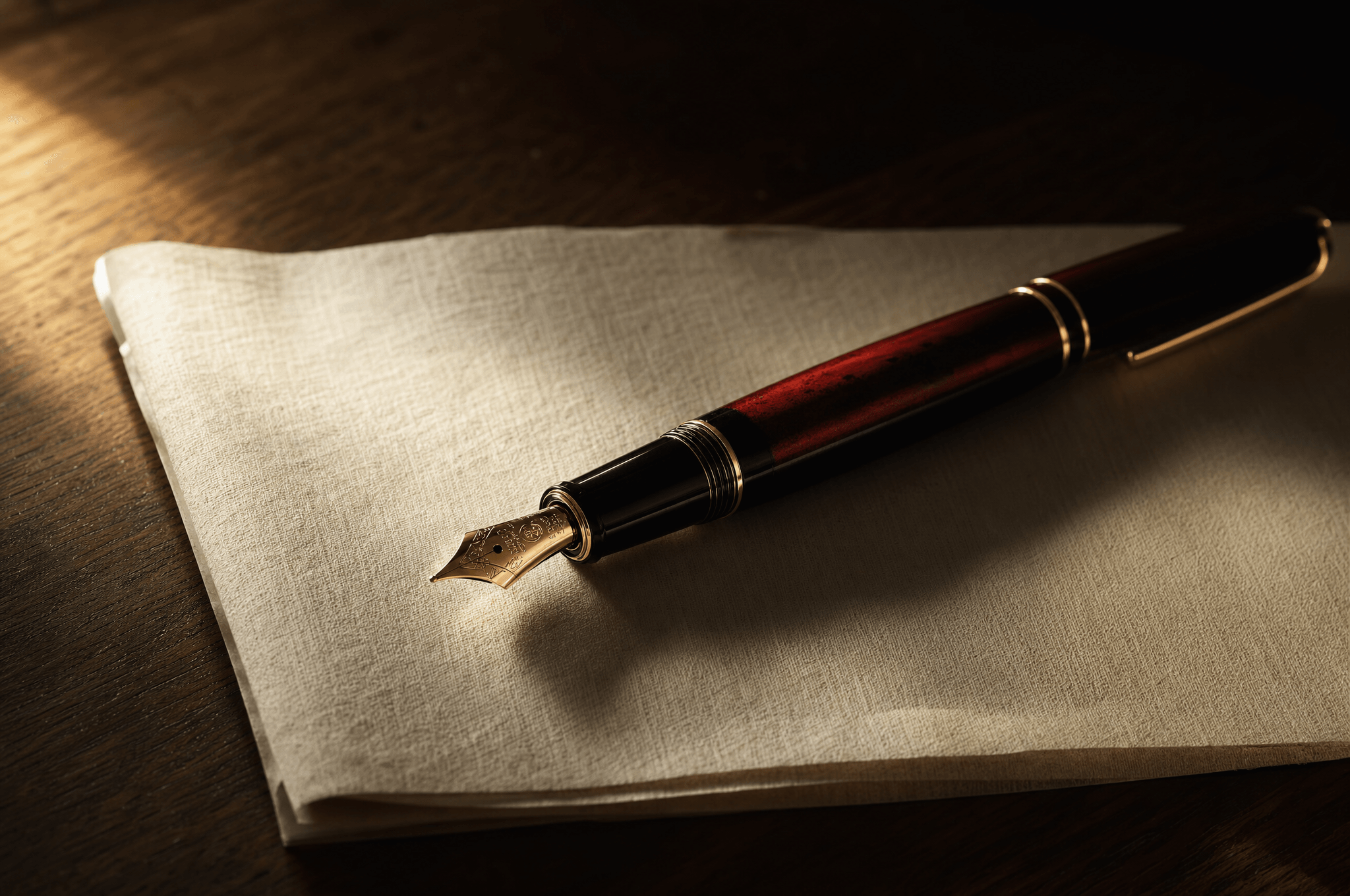 The Beacon — fountain pen with deep urushi-vermillion body and 14k gold nib.